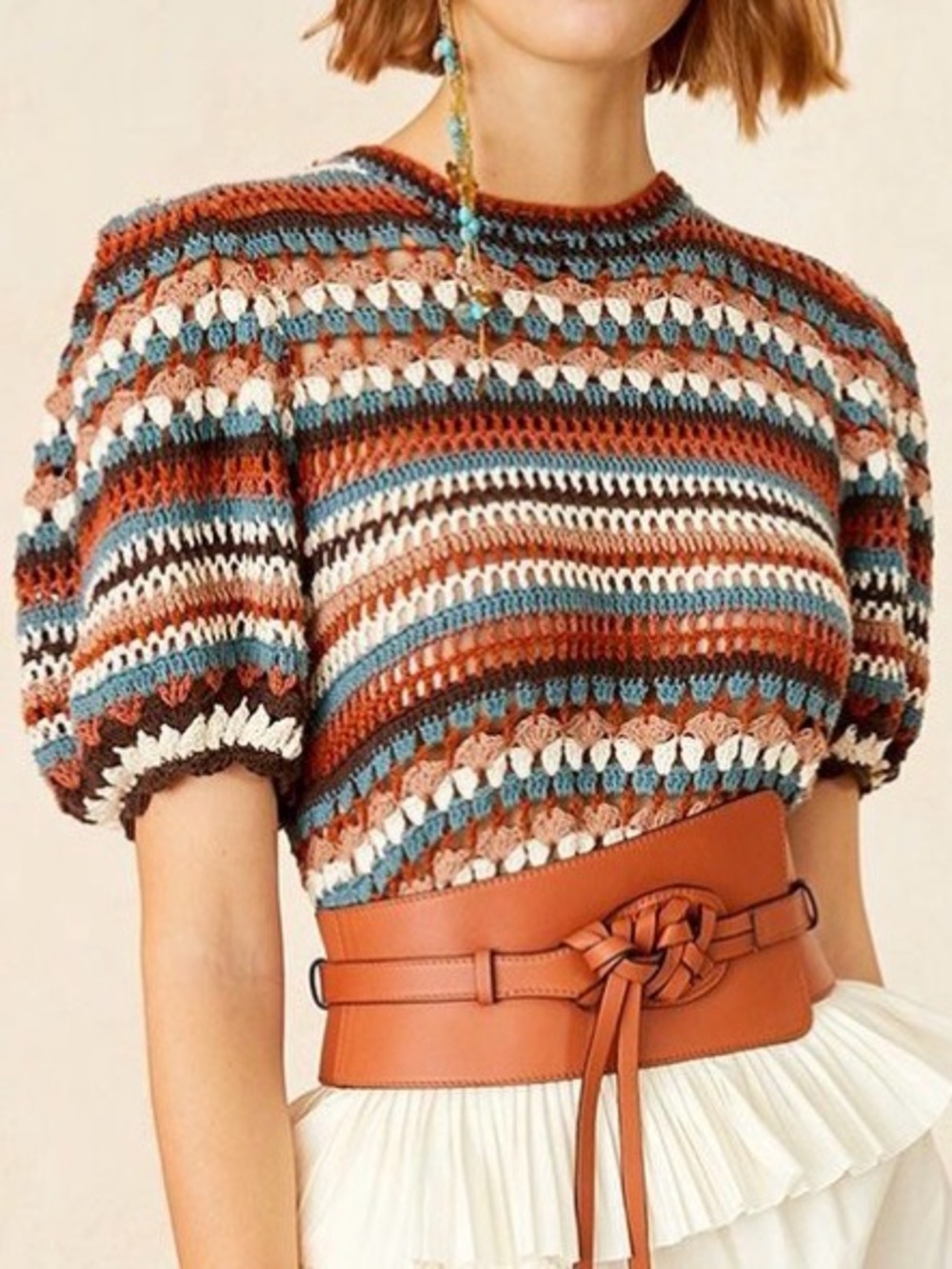 Ulla Johnson ‘Irene’ sweater striped open knit crotchet w/ puffed sleeves Med